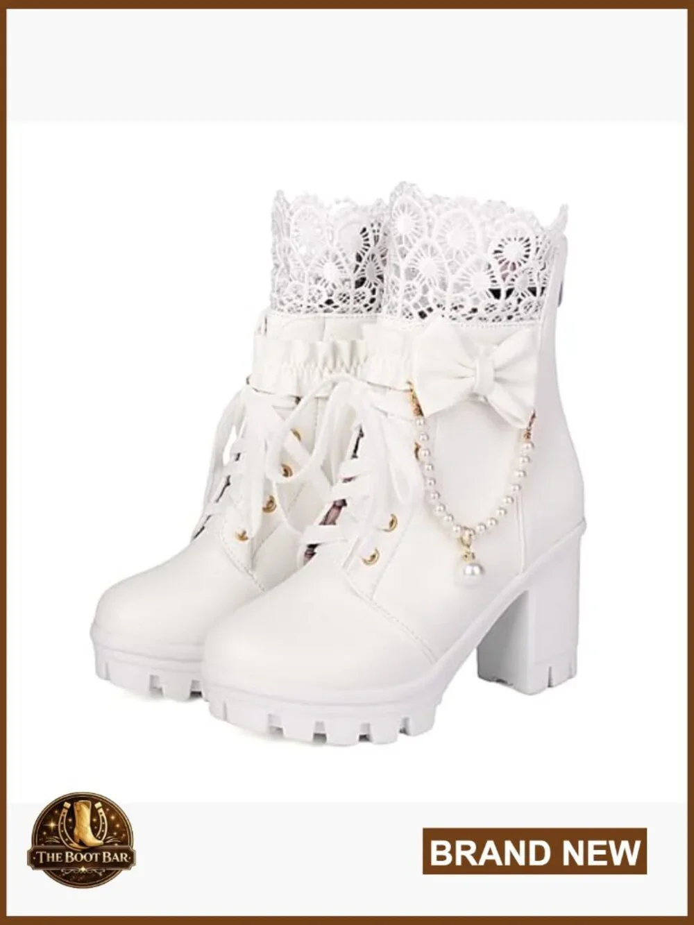 Platform Ankle Boots Chunky Heel Lace Pearl Chain Bow Goth Combat